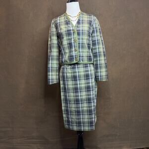 Vintage 1950s Kelita New York Plaid Skirt Suit XS Green Blue Preppy Old Money